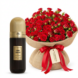 Cuban Tobacco 100 ml perfume beside red spray roses in burlap wrapping with a Flowrista gift tag