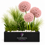 Pink allium flower arrangement with greenery and white pebbles in a black Flowrista planter