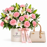 Flowrista pink carnation and lily box with beige satchel bag gift set