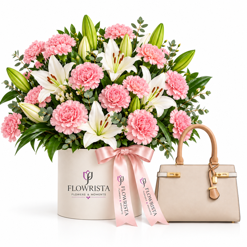 Flowrista pink carnation and lily box with beige satchel bag gift set