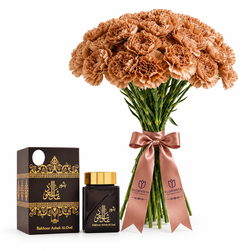 Bakhoor Ashek Al Oud jar and box beside caramel carnations with Flowrista satin ribbon