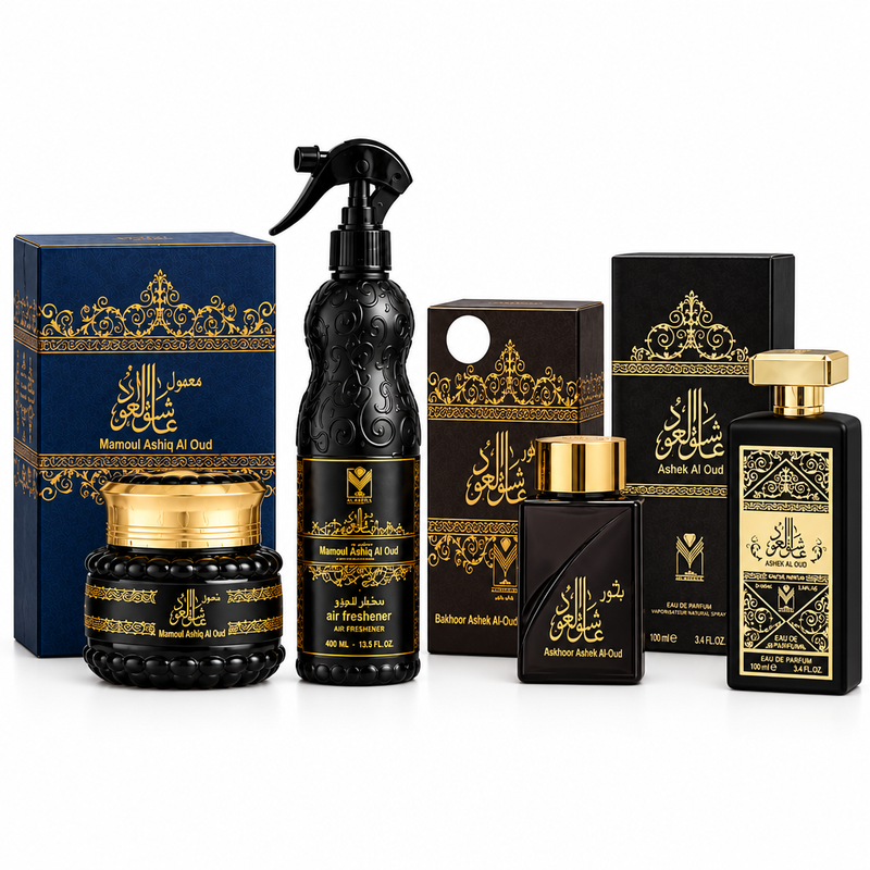 Ashek Al Oud 100ml perfume mamoul jar and box bakhoor jar and box and black trigger air freshener
