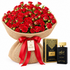 Ameer Al Oud Black Intense perfume and box beside Flowrista red rose bouquet in burlap wrapping