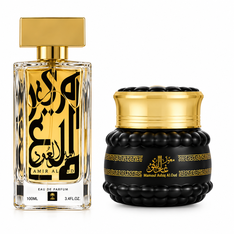 Amir Al Oud Gold perfume bottle with Mamoul Ashiq Al.Oud black jar and gold lid