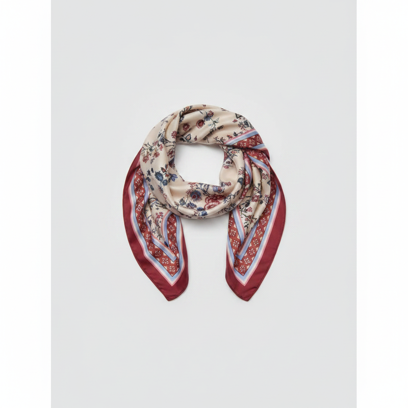 Mango ecru floral print square satin scarf on white background