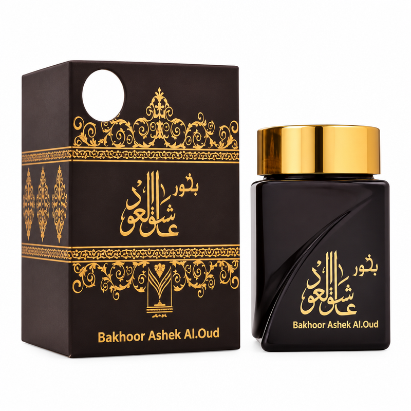Bakhoor Ashek Al Oud dark jar with gold lid and matching gold patterned box