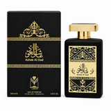 Ashek Al Oud 100ml Eau de Parfum by Almas black and gold bottle with matching box