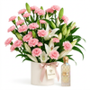 Cullinan Diamond Iris 150 ml perfume with pink carnations and white lilies in a cream Flowrista flower box