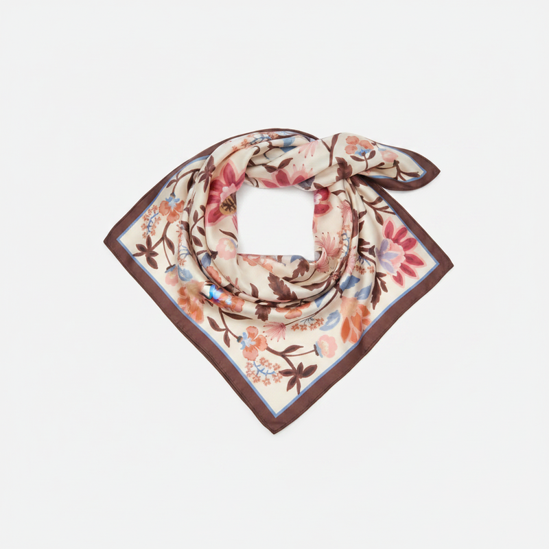 Mango chocolate floral print square satin scarf on white background