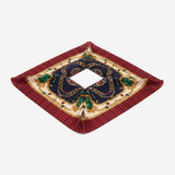 Mango purple pleated square satin scarf with gold chain and gemstone print on white background