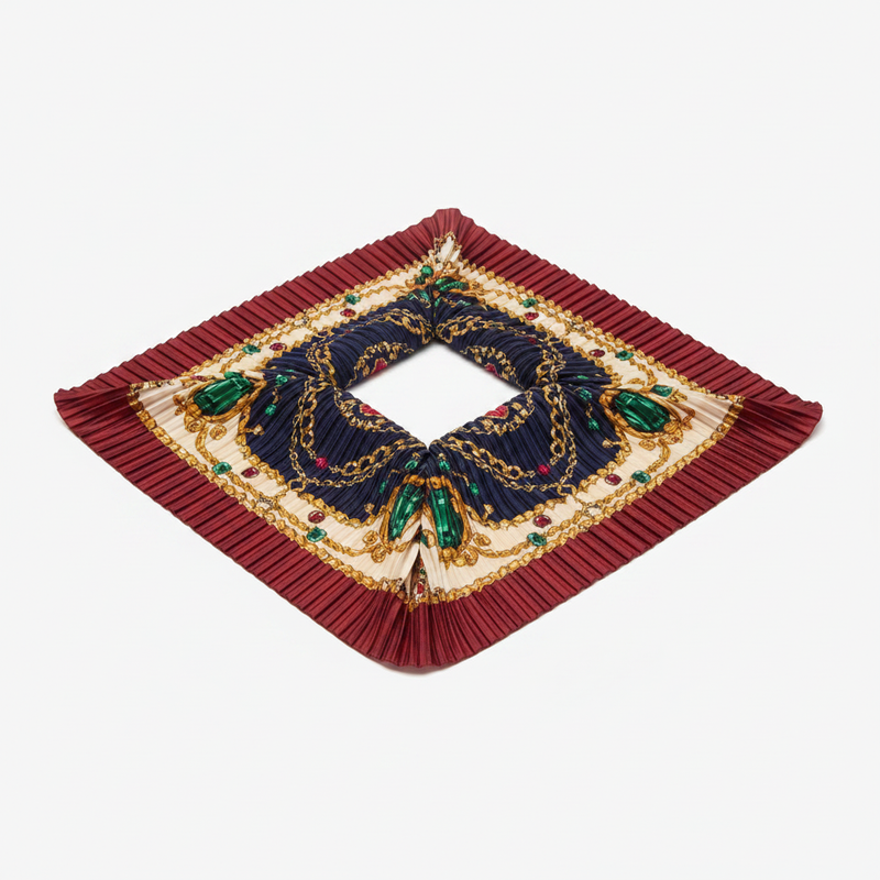 Mango purple pleated square satin scarf with gold chain and gemstone print on white background