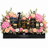 Ashiq Al Oud perfume mamoul bakhoor and air freshener with pink hydrangeas and pastel roses in a black Flowrista planter