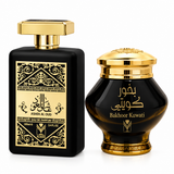 Ashek Al Oud 100ml perfume bottle beside Bakhoor Kuwati black and gold incense jar
