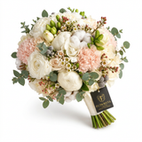 Ivory and blush bridal bouquet with white blooms pink carnations cotton eucalyptus and Flowrista gift tag