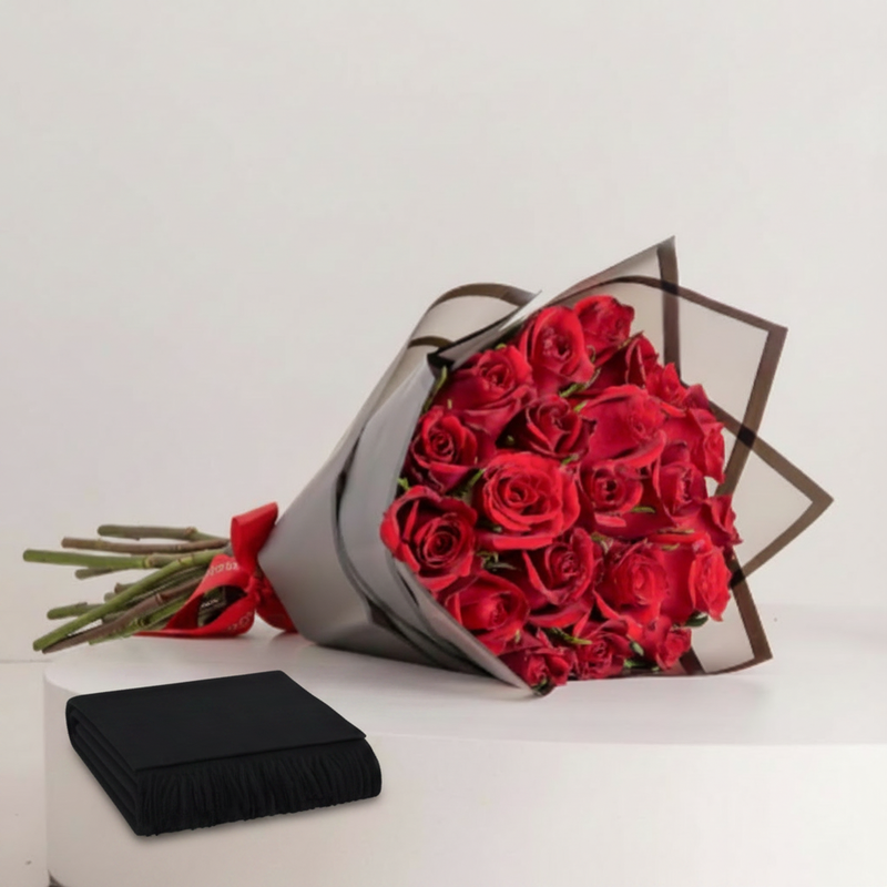 Mango black scarf with Flowrista red roses bouquet luxury gift set