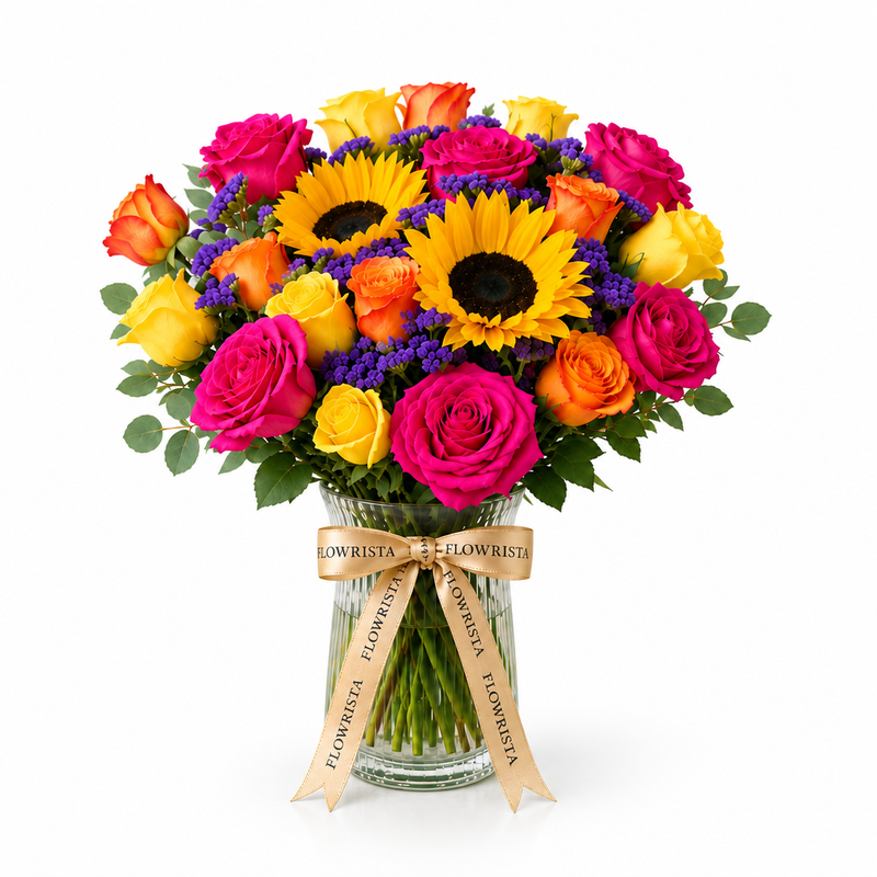 Flowrista sunflowers and pink, orange and yellow roses in a clear glass vase on a white background