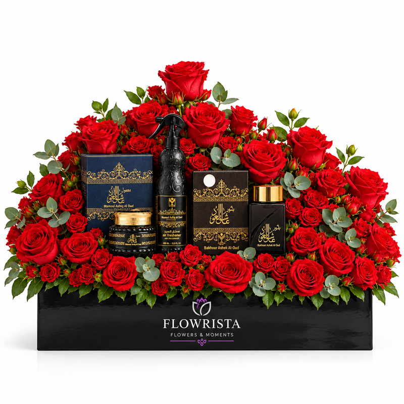 Ashiq Al Oud mamoul bakhoor and air freshener with fresh red roses and eucalyptus in a black Flowrista planter