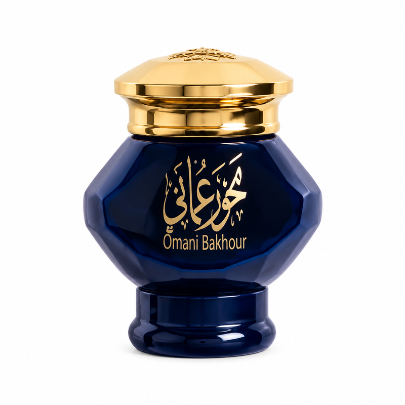Omani Bakhour dark blue faceted incense jar with gold lid and Arabic label