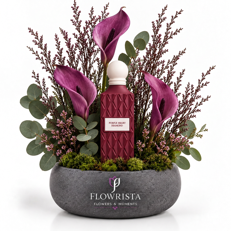 Purple Heart Diamond perfume with artificial purple calla-style flowers and burgundy sprigs in a grey Flowrista bowl