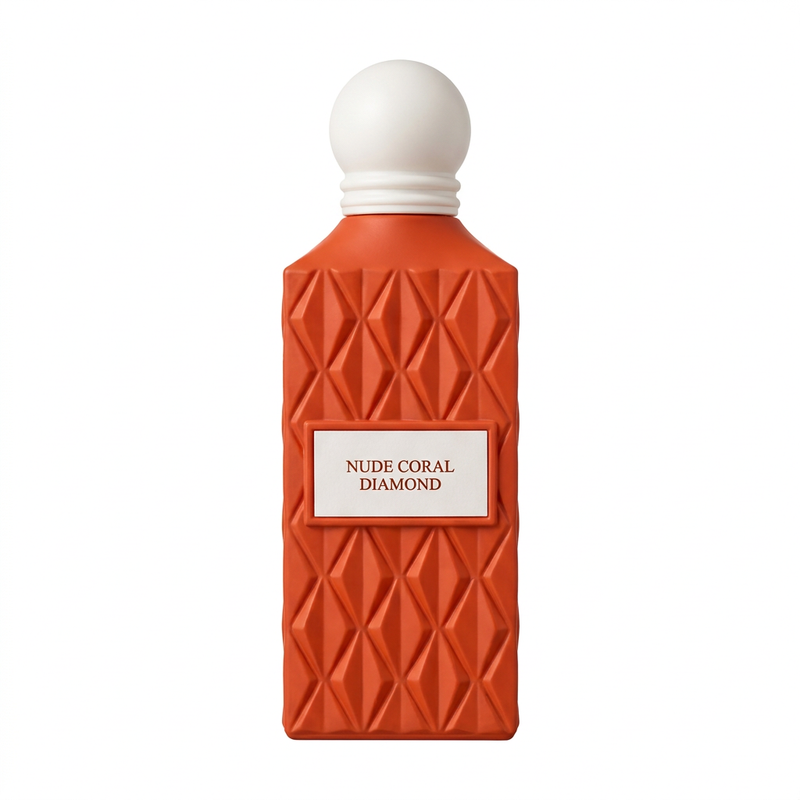 Nude Coral Diamond coral-orange faceted perfume bottle with white round cap