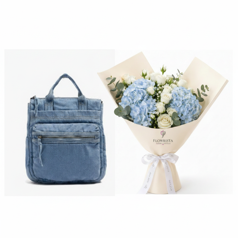 Parfois blue denim washed backpack with Flowrista blue hydrangea and white roses bouquet