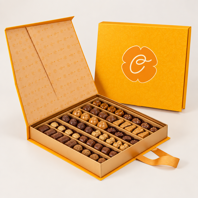 Le Chocolala assorted chocolates in an orange gift box