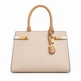 Beige satchel bag with tan top handle, gold turn-locks and padlock charm