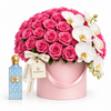 Blue Diamond Aqua 150 ml perfume beside Flowrista pink rose and cascading white orchid hatbox