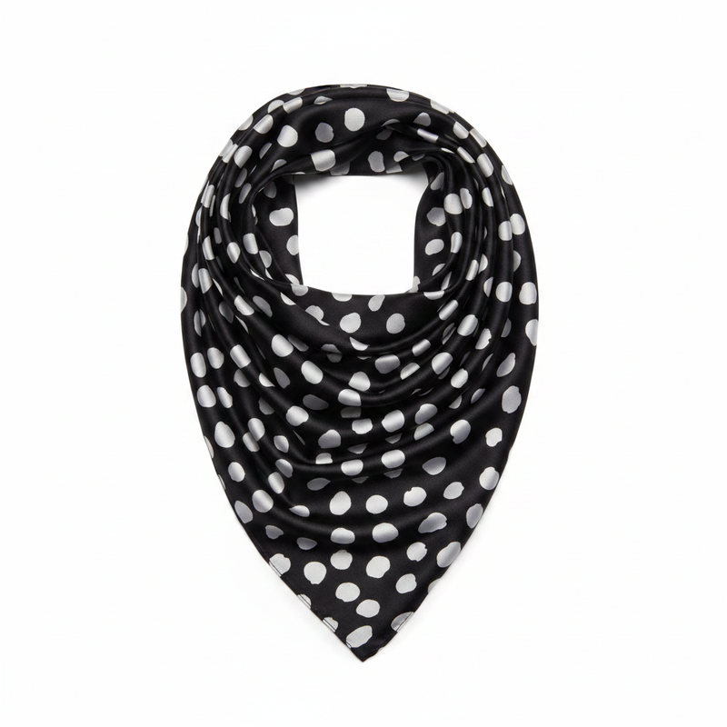 Mango black and white polka dot satin triangular scarf on white background