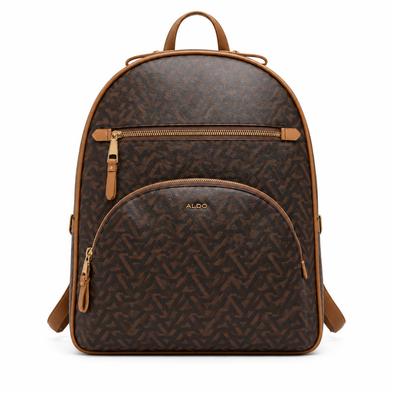 Dark brown ALDO MOROUCOS backpack with tan trim and front zip pocket