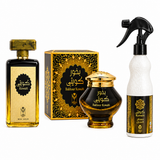 Kuwaiti perfume, Bakhour Kuwati jar with presentation box and Kuwaiti home spray on a white background