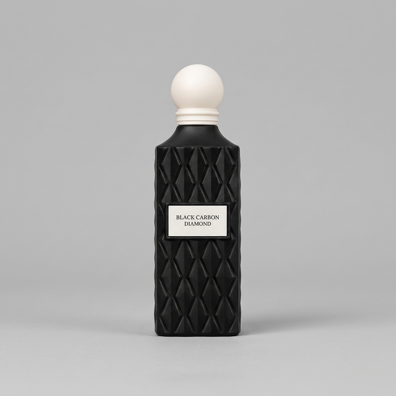 Black Carbon Diamond black faceted perfume bottle with white round cap