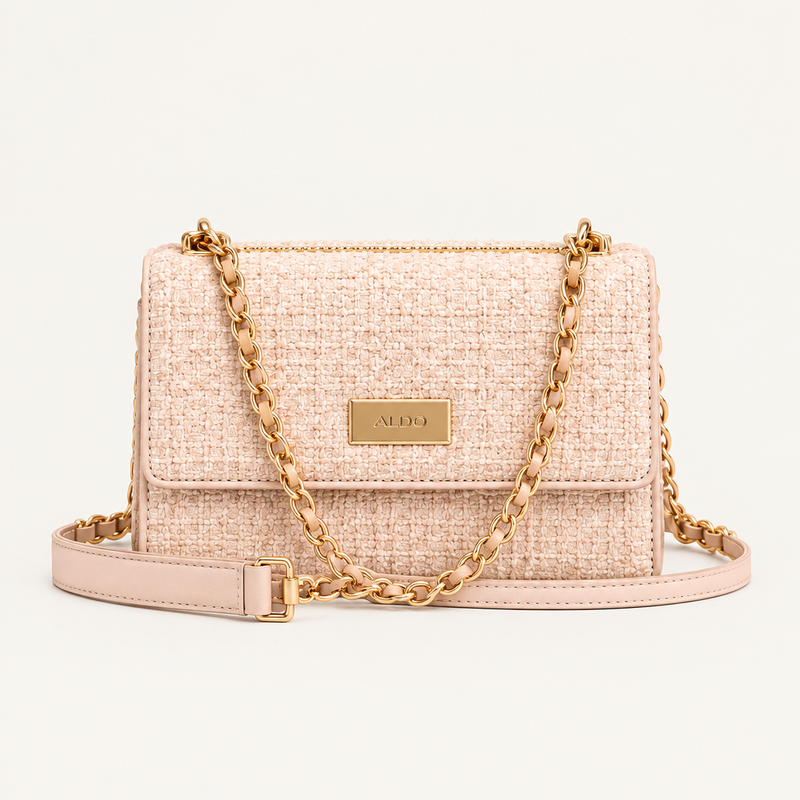 ALDO Bellarose Open Pink textured crossbody bag with gold-tone chain and pale strap