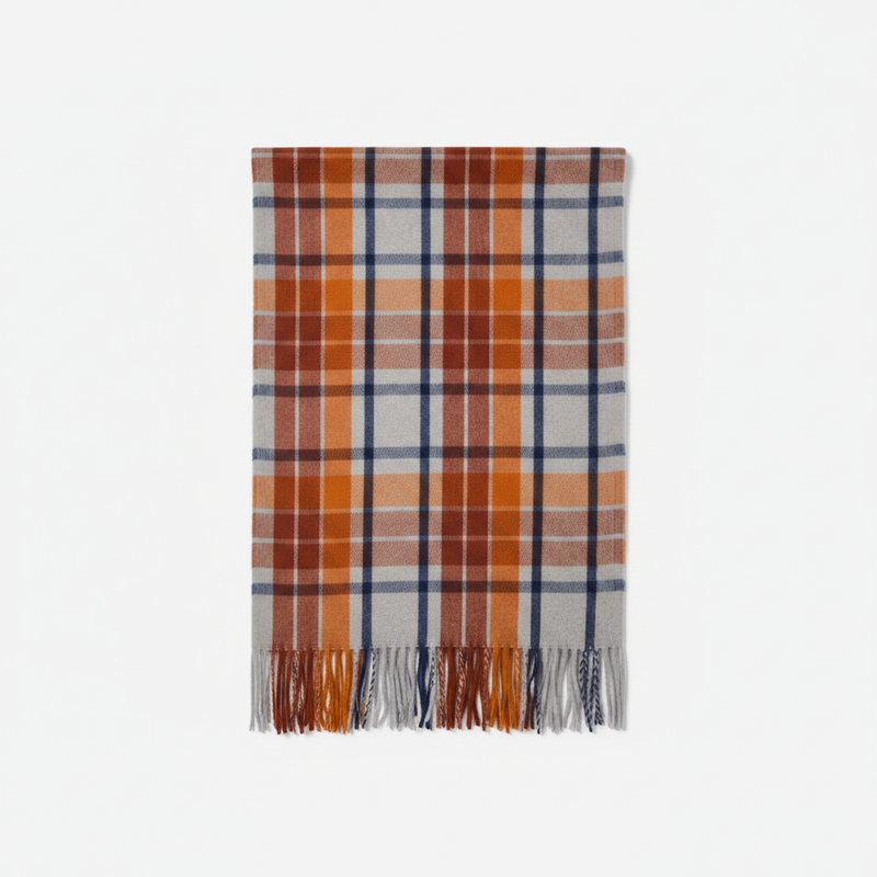Mango caramel check plaid scarf with fringed ends on white background