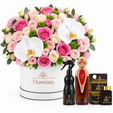Asser perfume oud bakhoor and air freshener beside Flowrista pink rose and white orchid hatbox