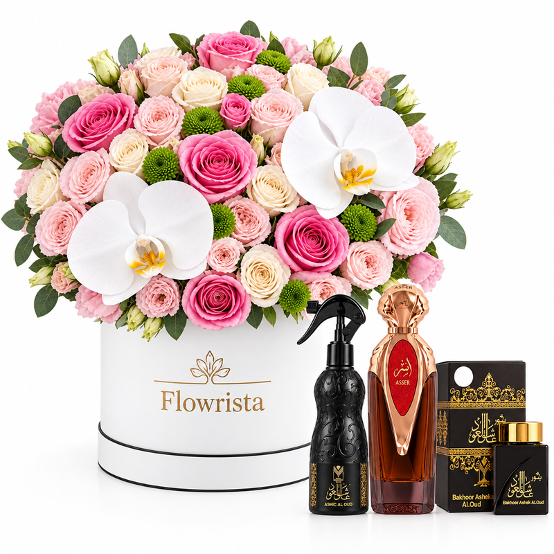 Asser perfume oud bakhoor and air freshener beside Flowrista pink rose and white orchid hatbox