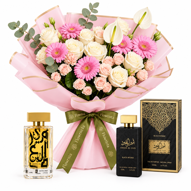 Ambra Al Oud and Black Intense perfumes beside Flowrista pink gerberas cream roses and white anthuriums