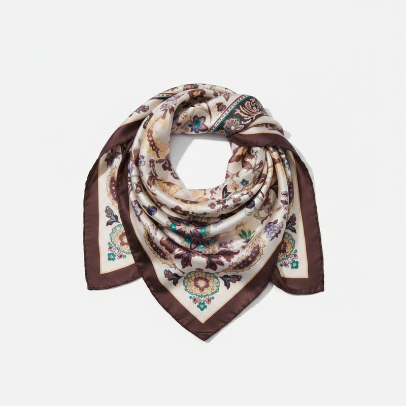 Mango ecru oriental floral and paisley print square satin scarf on white background
