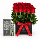 Fakher green silver perfume and box beside fresh red roses in a black Flowrista box with red satin ribbon