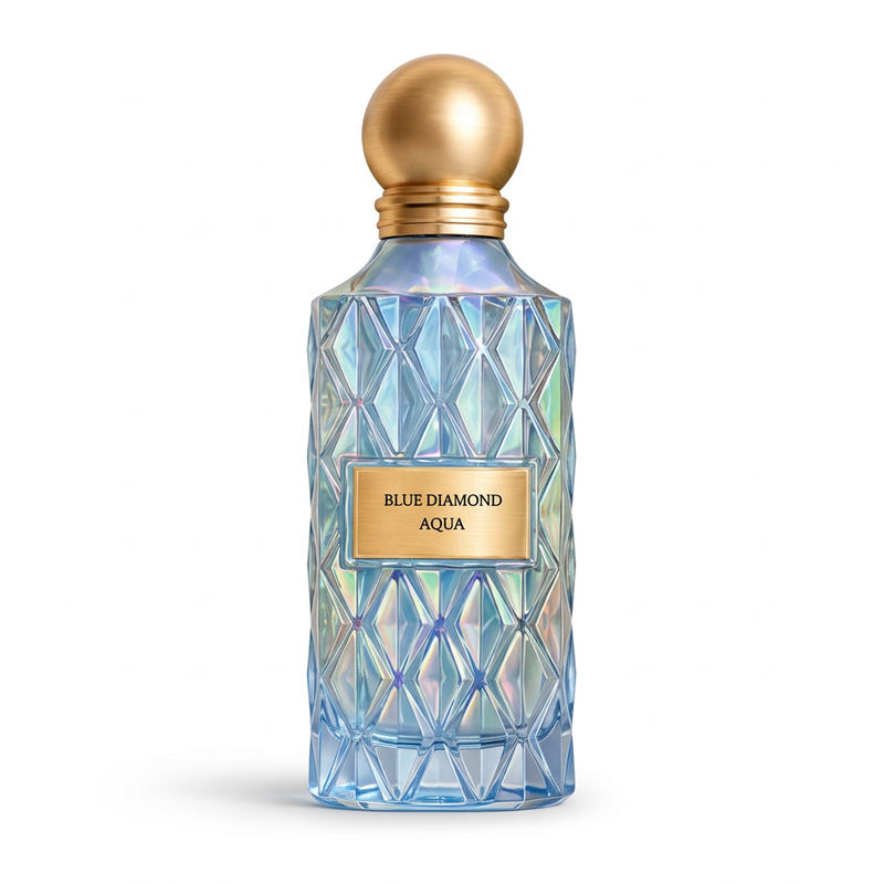 Blue Diamond Aqua blue faceted perfume bottle with gold-coloured round cap