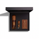 Open black Vintage Tobacco gift box with amber bottle, small vial and rectangular pack