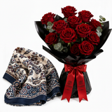 Mango navy paisley satin scarf with Flowrista red roses black bouquet luxury gift set