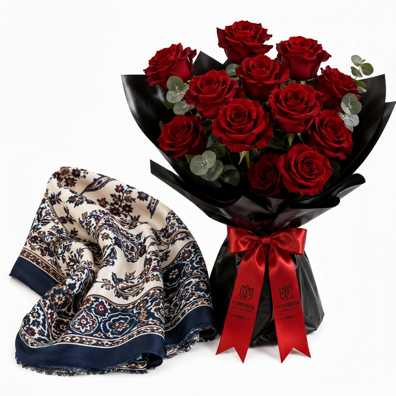 Mango navy paisley satin scarf with Flowrista red roses black bouquet luxury gift set