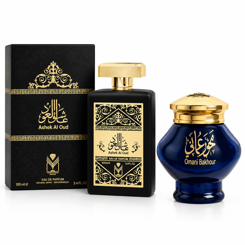 Ashek Al Oud by Almas 100ml perfume bottle and box with Omani Bakhour jar