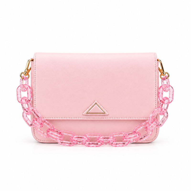 Pastel pink crossbody bag with translucent pink chain strap