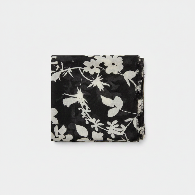 Mango black floral botanical print scarf with frayed finish on white background