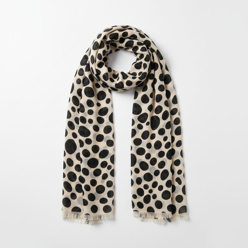 Mango ecru cream fluid fabric spots print frayed scarf 190x90cm