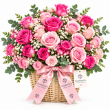 Pink roses and eucalyptus in woven Flowrista basket with pink ribbon