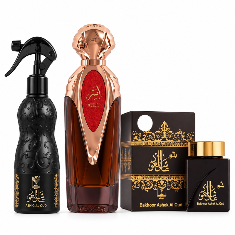 Asser perfume Bakhoor Ashek Al Oud and Ashiq Al Oud air freshener on a white background
