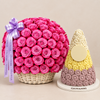 Flowrista pink rose basket beside Giovanni ivory yellow and lilac floral chocolate pyramid